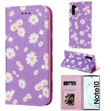 Ultra Slim Daisy Sparkle Glitter Powder Magnetic Leather Wallet Case for Samsung Galaxy Note 10 (6.28 inch) / Note10 5G - Purple