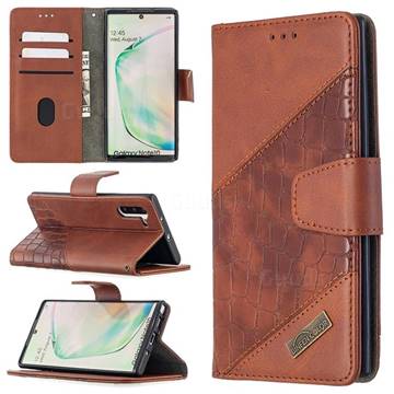 BinfenColor BF04 Color Block Stitching Crocodile Leather Case Cover for Samsung Galaxy Note 10 (6.28 inch) / Note10 5G - Brown