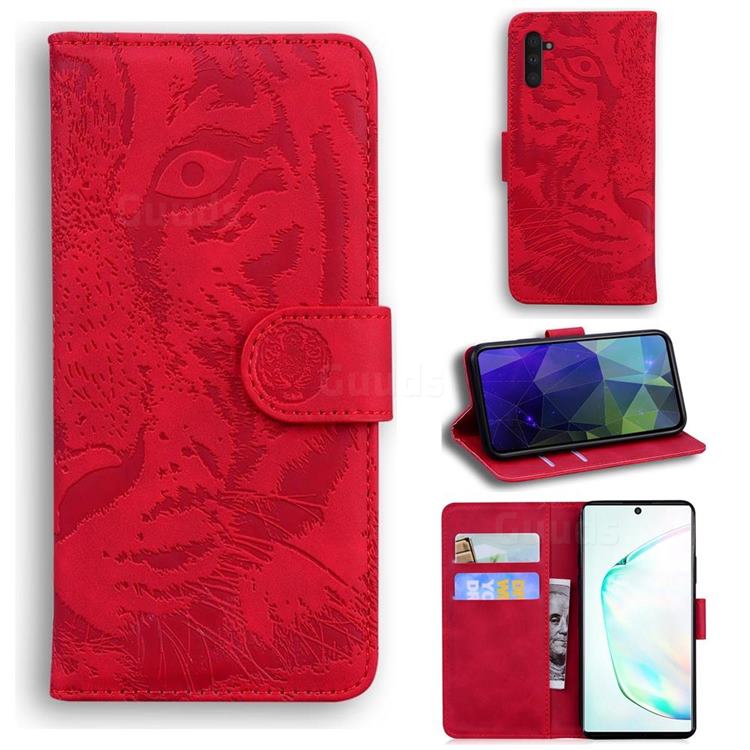 Intricate Embossing Tiger Face Leather Wallet Case for Samsung Galaxy Note 10 (6.28 inch) / Note10 5G - Red