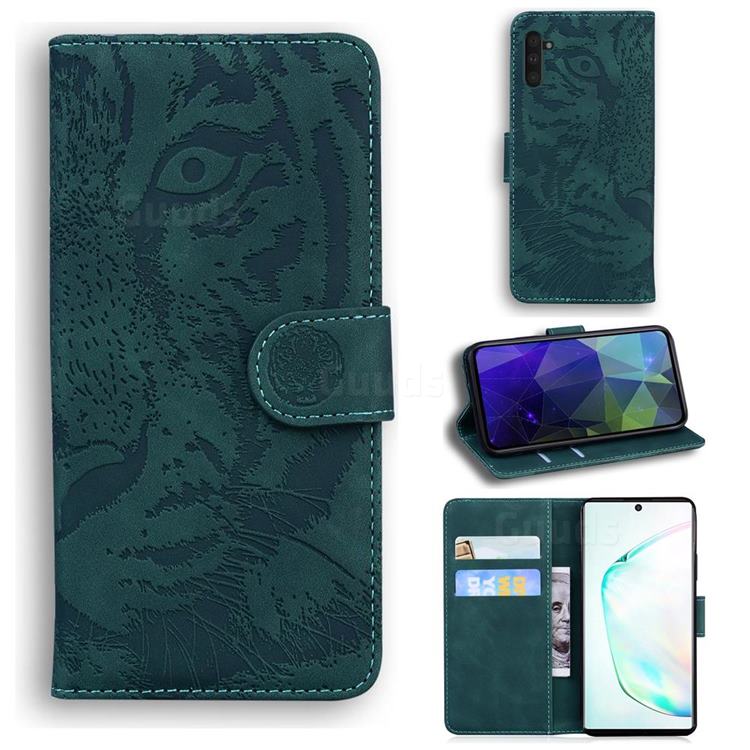 Intricate Embossing Tiger Face Leather Wallet Case for Samsung Galaxy Note 10 (6.28 inch) / Note10 5G - Green