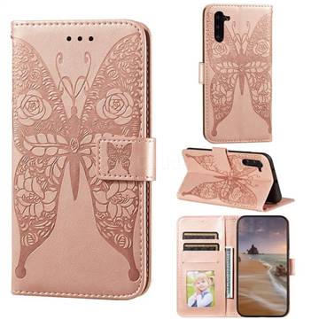 Intricate Embossing Rose Flower Butterfly Leather Wallet Case for Samsung Galaxy Note 10 (6.28 inch) / Note10 5G - Rose Gold