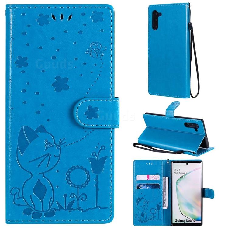 Embossing Bee and Cat Leather Wallet Case for Samsung Galaxy Note 10 (6.28 inch) / Note10 5G - Blue