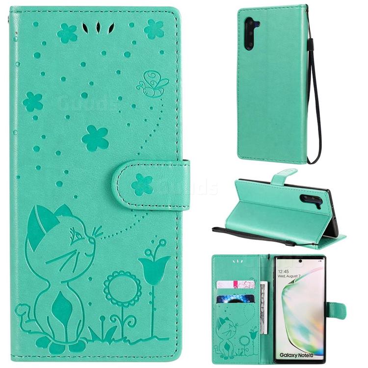 Embossing Bee and Cat Leather Wallet Case for Samsung Galaxy Note 10 (6.28 inch) / Note10 5G - Green