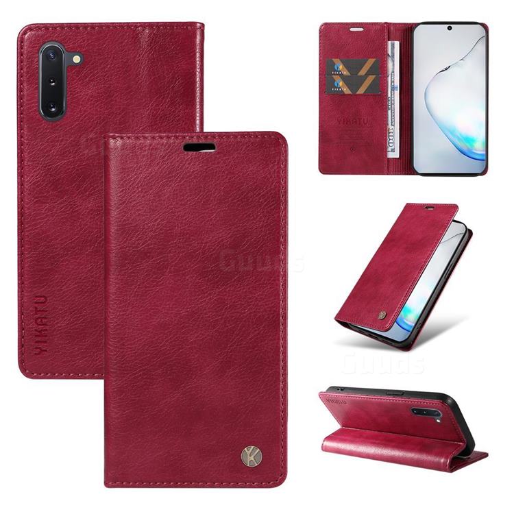YIKATU Litchi Card Magnetic Automatic Suction Leather Flip Cover for Samsung Galaxy Note 10 (6.28 inch) / Note10 5G - Wine Red