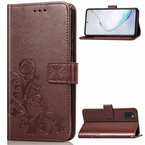 Embossing Imprint Four-Leaf Clover Leather Wallet Case for Samsung Galaxy Note 10 Lite - Brown