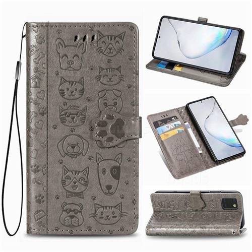 Embossing Dog Paw Kitten and Puppy Leather Wallet Case for Samsung Galaxy Note 10 Lite - Gray