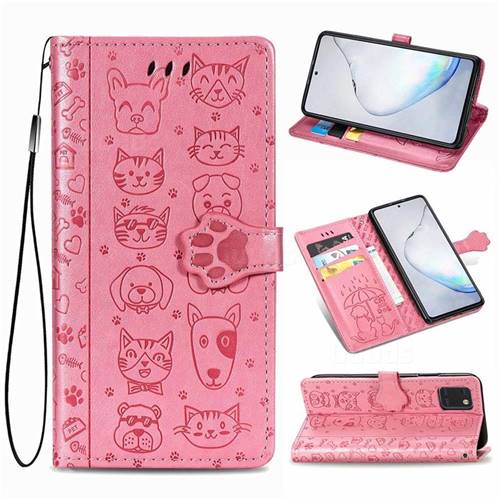Embossing Dog Paw Kitten and Puppy Leather Wallet Case for Samsung Galaxy Note 10 Lite - Pink