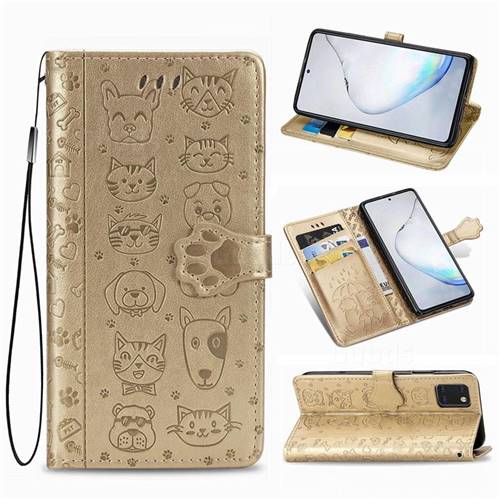 Embossing Dog Paw Kitten and Puppy Leather Wallet Case for Samsung Galaxy Note 10 Lite - Champagne Gold