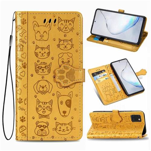 Embossing Dog Paw Kitten and Puppy Leather Wallet Case for Samsung Galaxy Note 10 Lite - Yellow