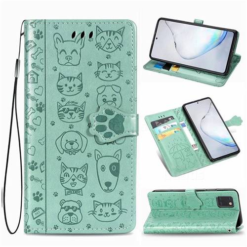 Embossing Dog Paw Kitten and Puppy Leather Wallet Case for Samsung Galaxy Note 10 Lite - Green