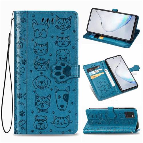 Embossing Dog Paw Kitten and Puppy Leather Wallet Case for Samsung Galaxy Note 10 Lite - Blue