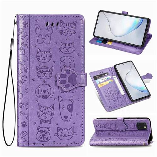 Embossing Dog Paw Kitten and Puppy Leather Wallet Case for Samsung Galaxy Note 10 Lite - Purple