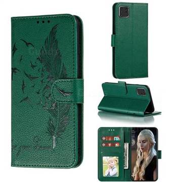 Intricate Embossing Lychee Feather Bird Leather Wallet Case for Samsung Galaxy Note 10 Lite - Green