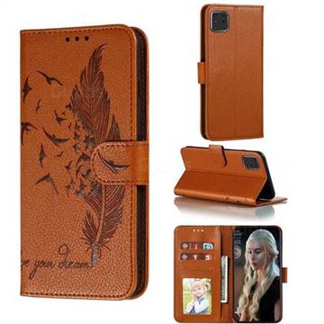 Intricate Embossing Lychee Feather Bird Leather Wallet Case for Samsung Galaxy Note 10 Lite - Brown