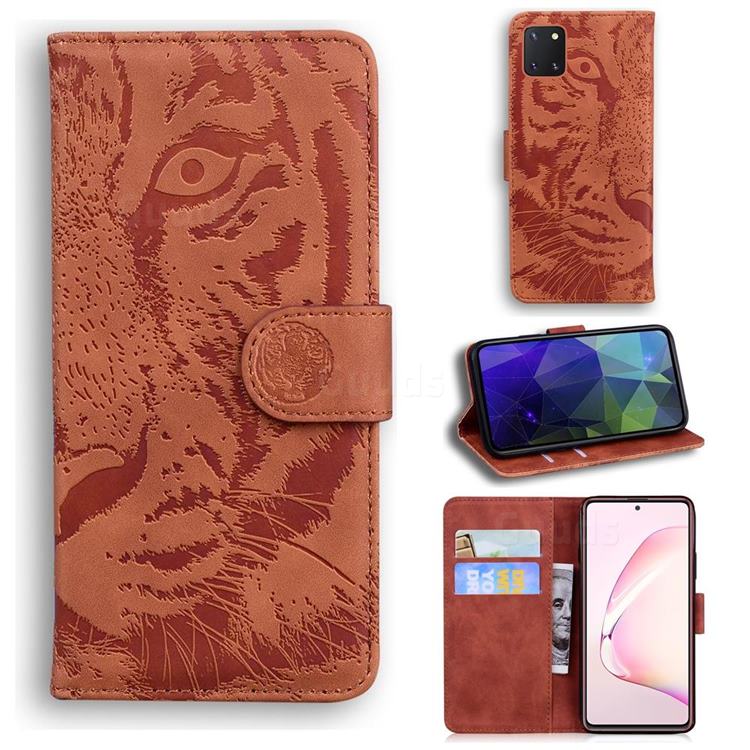 Intricate Embossing Tiger Face Leather Wallet Case for Samsung Galaxy Note 10 Lite - Brown