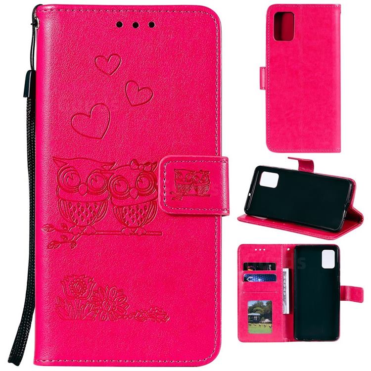 Embossing Owl Couple Flower Leather Wallet Case for Samsung Galaxy Note 10 Lite - Red