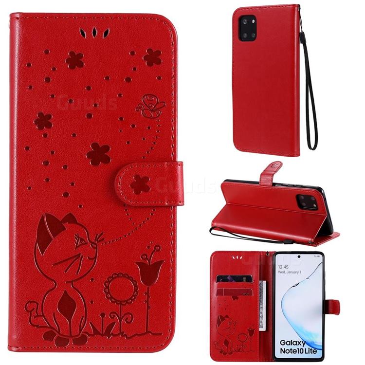 Embossing Bee and Cat Leather Wallet Case for Samsung Galaxy Note 10 Lite - Red