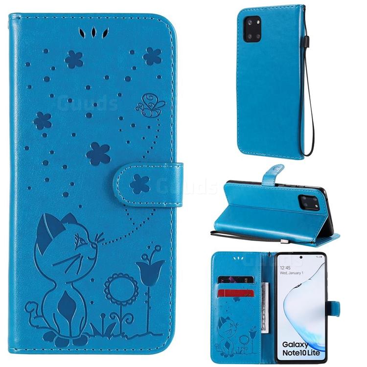 Embossing Bee and Cat Leather Wallet Case for Samsung Galaxy Note 10 Lite - Blue