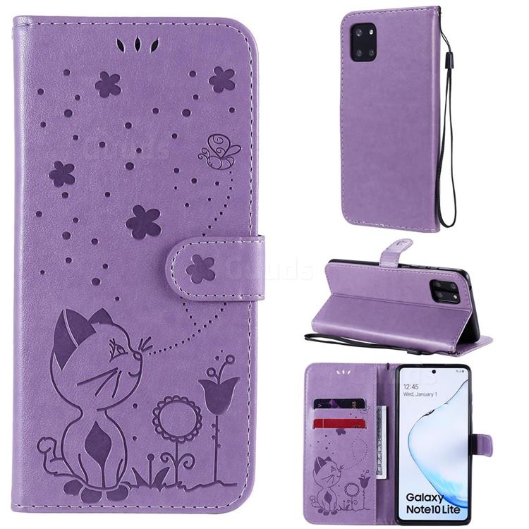 Embossing Bee and Cat Leather Wallet Case for Samsung Galaxy Note 10 Lite - Purple