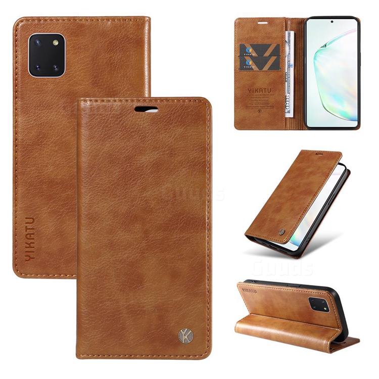 YIKATU Litchi Card Magnetic Automatic Suction Leather Flip Cover for Samsung Galaxy Note 10 Lite - Brown