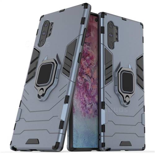 Black Panther Armor Metal Ring Grip Shockproof Dual Layer Rugged Hard Cover for Samsung Galaxy Note 10+ (6.75 inch) / Note10 Plus - Blue