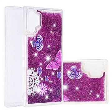 Purple Flower Butterfly Dynamic Liquid Glitter Quicksand Soft TPU Case for Samsung Galaxy Note 10+ (6.75 inch) / Note10 Plus