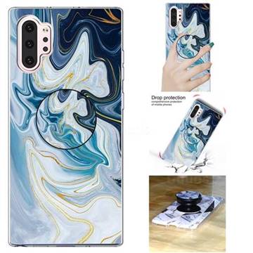 Blue Gold Line Marble Pop Stand Holder Varnish Phone Cover for Samsung Galaxy Note 10+ (6.75 inch) / Note10 Plus