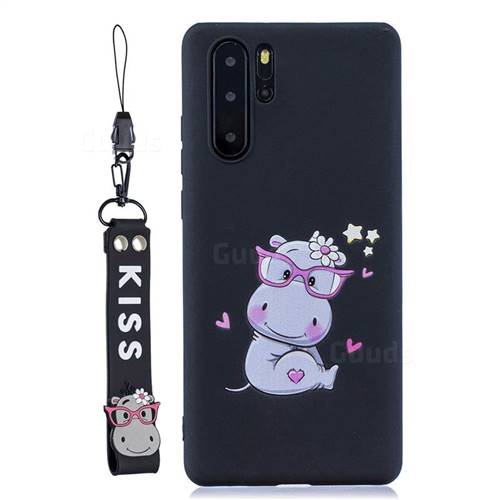 Black Flower Hippo Soft Kiss Candy Hand Strap Silicone Case for Samsung Galaxy Note 10+ (6.75 inch) / Note10 Plus
