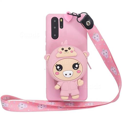 Pink Pig Neck Lanyard Zipper Wallet Silicone Case for Samsung Galaxy Note 10+ (6.75 inch) / Note10 Plus