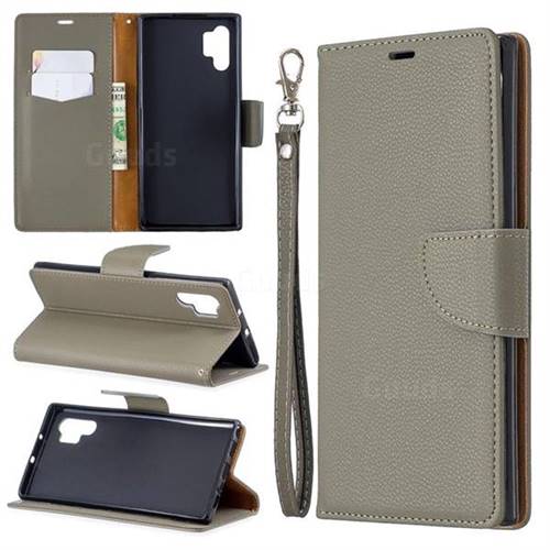 Classic Luxury Litchi Leather Phone Wallet Case for Samsung Galaxy Note 10+ (6.75 inch) / Note10 Plus - Gray