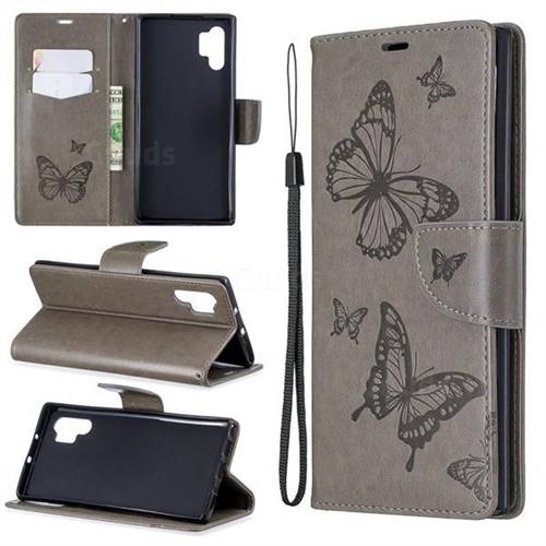 Embossing Double Butterfly Leather Wallet Case for Samsung Galaxy Note 10+ (6.75 inch) / Note10 Plus - Gray