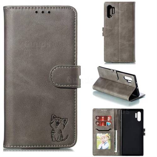 Embossing Happy Cat Leather Wallet Case for Samsung Galaxy Note 10+ (6.75 inch) / Note10 Plus - Gray