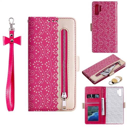 Luxury Lace Zipper Stitching Leather Phone Wallet Case for Samsung Galaxy Note 10+ (6.75 inch) / Note10 Plus - Rose