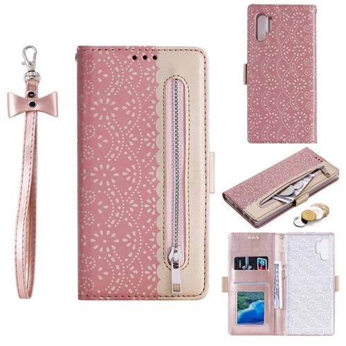 Luxury Lace Zipper Stitching Leather Phone Wallet Case for Samsung Galaxy Note 10+ (6.75 inch) / Note10 Plus - Pink