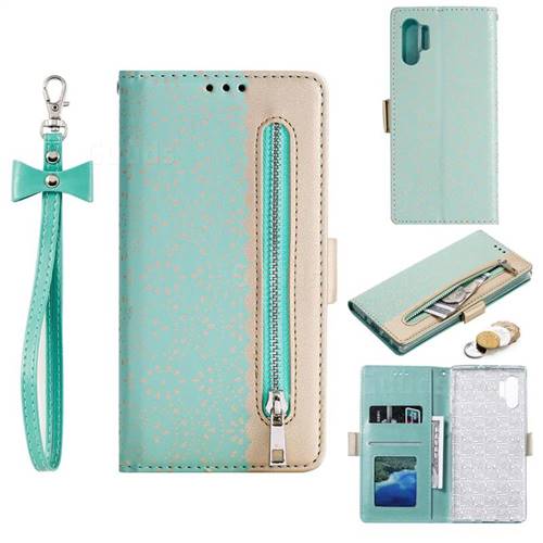 Luxury Lace Zipper Stitching Leather Phone Wallet Case for Samsung Galaxy Note 10+ (6.75 inch) / Note10 Plus - Green