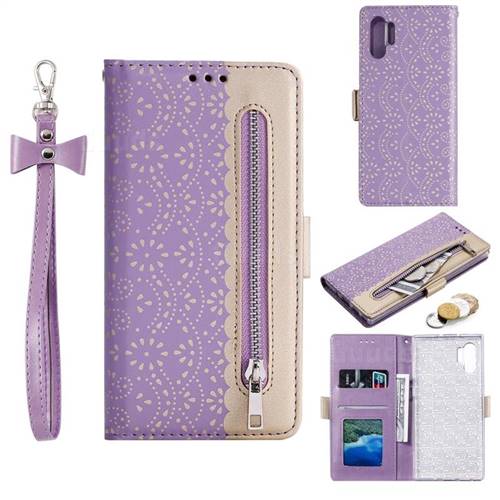 Luxury Lace Zipper Stitching Leather Phone Wallet Case for Samsung Galaxy Note 10+ (6.75 inch) / Note10 Plus - Purple