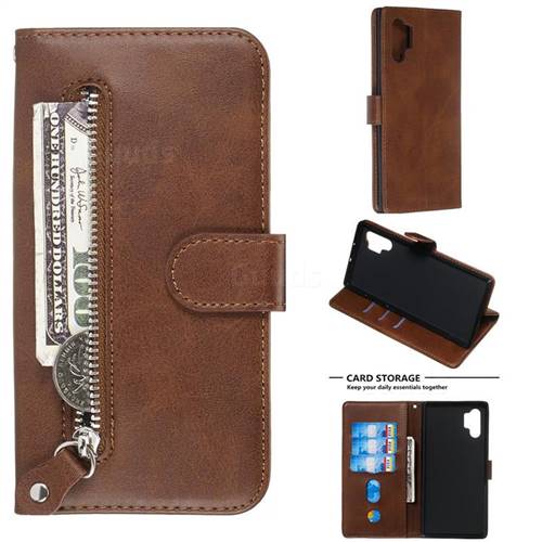 Retro Luxury Zipper Leather Phone Wallet Case for Samsung Galaxy Note 10+ (6.75 inch) / Note10 Plus - Brown