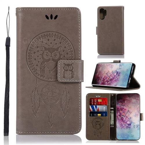 Intricate Embossing Owl Campanula Leather Wallet Case for Samsung Galaxy Note 10+ (6.75 inch) / Note10 Plus - Grey