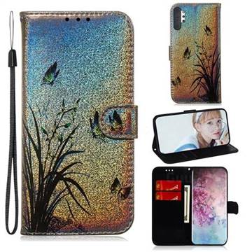 Butterfly Orchid Laser Shining Leather Wallet Phone Case for Samsung Galaxy Note 10+ (6.75 inch) / Note10 Plus