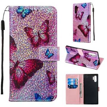 Blue Butterfly Sequins Painted Leather Wallet Case for Samsung Galaxy Note 10+ (6.75 inch) / Note10 Plus
