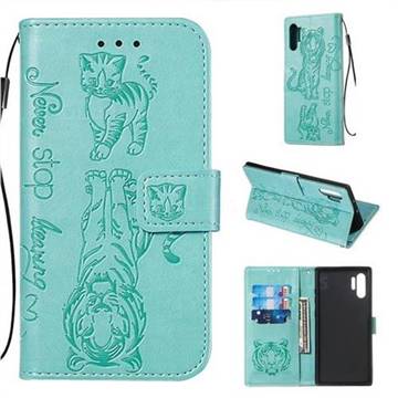 Embossing Tiger and Cat Leather Wallet Case for Samsung Galaxy Note 10+ (6.75 inch) / Note10 Plus - Green