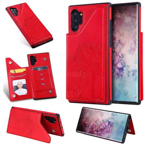Luxury Tree and Cat Multifunction Magnetic Card Slots Stand Leather Phone Back Cover for Samsung Galaxy Note 10+ (6.75 inch) / Note10 Plus - Red