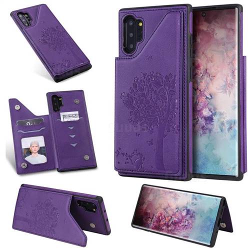 Luxury Tree and Cat Multifunction Magnetic Card Slots Stand Leather Phone Back Cover for Samsung Galaxy Note 10+ (6.75 inch) / Note10 Plus - Purple