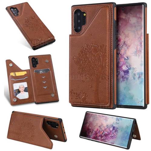 Luxury Tree and Cat Multifunction Magnetic Card Slots Stand Leather Phone Back Cover for Samsung Galaxy Note 10+ (6.75 inch) / Note10 Plus - Brown