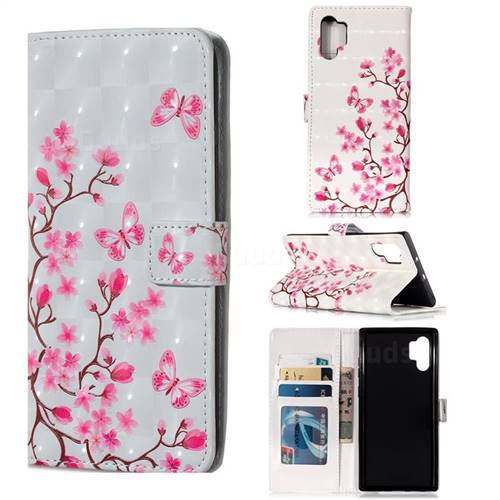 Butterfly Sakura Flower 3D Painted Leather Phone Wallet Case for Samsung Galaxy Note 10+ (6.75 inch) / Note10 Plus