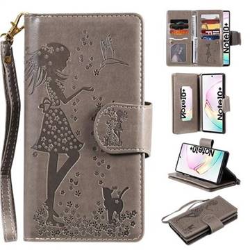 Embossing Cat Girl 9 Card Leather Wallet Case for Samsung Galaxy Note 10+ (6.75 inch) / Note10 Plus - Gray