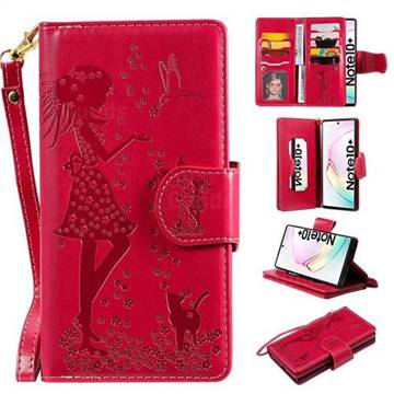 Embossing Cat Girl 9 Card Leather Wallet Case for Samsung Galaxy Note 10+ (6.75 inch) / Note10 Plus - Red