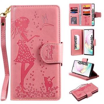 Embossing Cat Girl 9 Card Leather Wallet Case for Samsung Galaxy Note 10+ (6.75 inch) / Note10 Plus - Pink