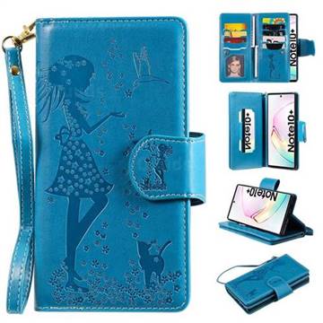Embossing Cat Girl 9 Card Leather Wallet Case for Samsung Galaxy Note 10+ (6.75 inch) / Note10 Plus - Blue