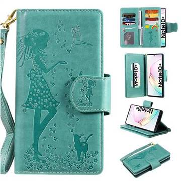 Embossing Cat Girl 9 Card Leather Wallet Case for Samsung Galaxy Note 10+ (6.75 inch) / Note10 Plus - Green